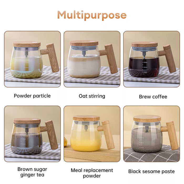 Electric Self Stirring Glass Coffee Mug with Lid & Handle